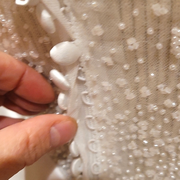 Satin sheer back collar back waist covered buttons train bridal gown - Picture 6 of 11